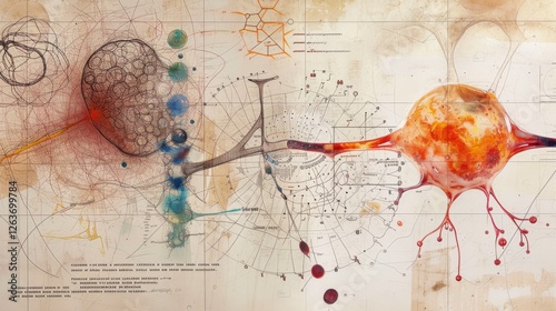 Artistic depiction of neural connections, abstract networks, and scientific schematics in warm tones, blending science and art aesthetics. AI generated.