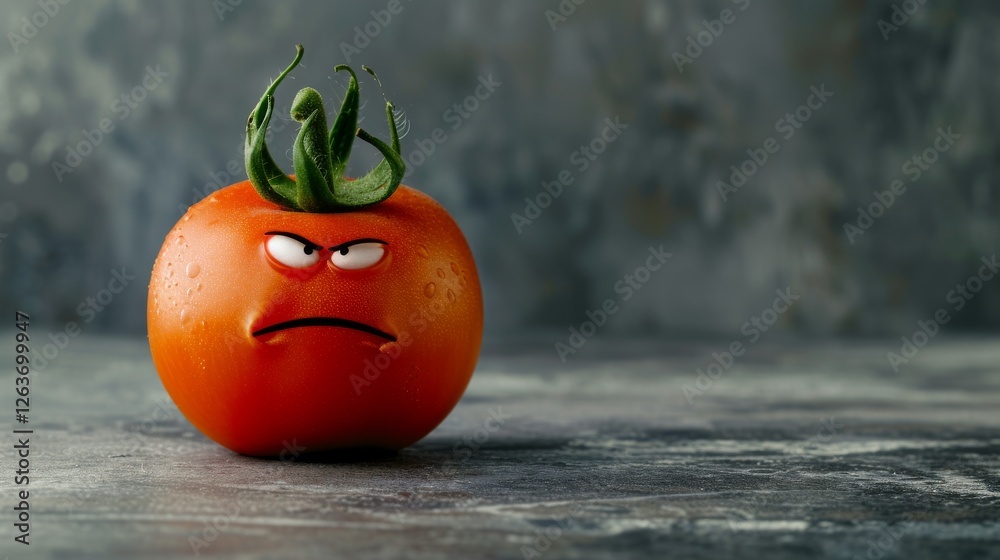 AI-generated artistic depiction of a tomato with an angry face set against a textured background, blending realism and humor for creative uses. AI generated.