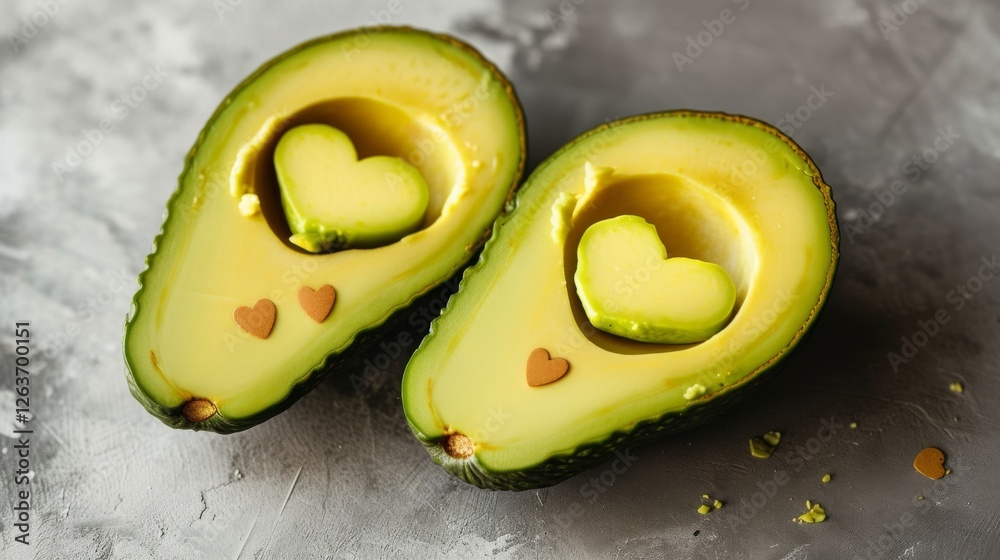 Two avocado halves with perfectly carved heart-shaped cuts, displayed on a textured background, blending food art with a contemporary aesthetic. AI generated.