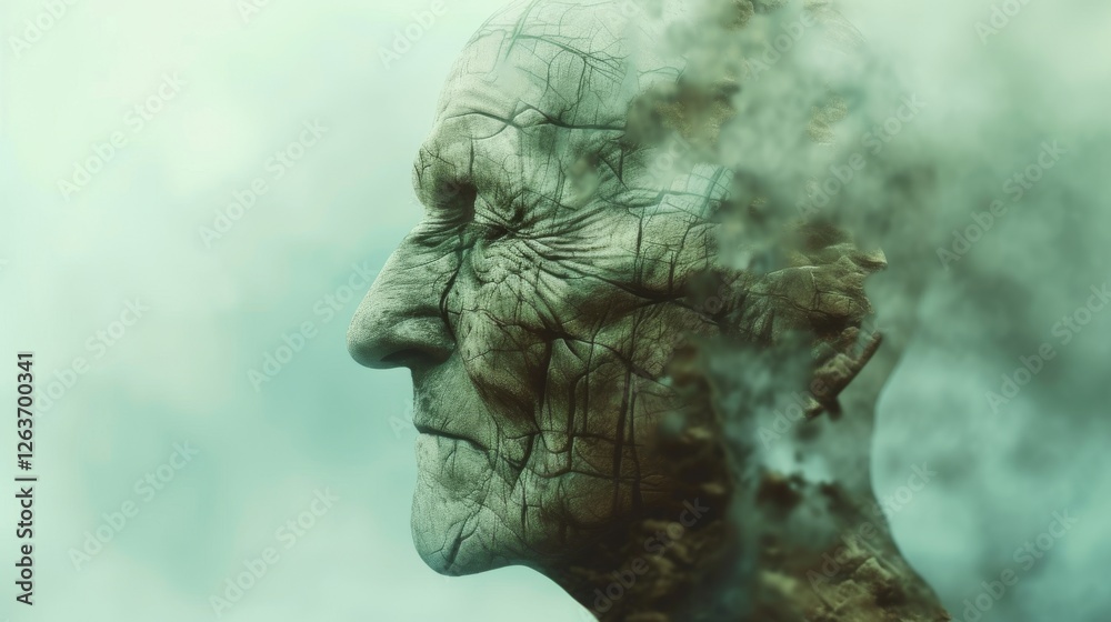 A close-up of an elderly face with intricate cracks and wrinkles, fading into mist, evoking themes of time, transience, and memory. AI generated.