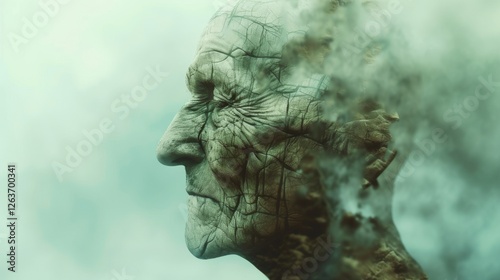 Obraz na płótnie A close-up of an elderly face with intricate cracks and wrinkles, fading into mist, evoking themes of time, transience, and memory. AI generated. w salonie