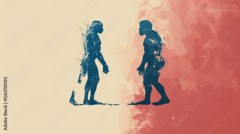 Naklejka premium Artistic portrayal of evolution featuring textured silhouettes of early humans against vibrant red and cream background, symbolizing change and progression. AI generated.