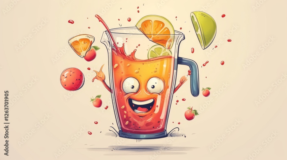 Fun cartoon glass of juice with a happy face, surrounded by splashing fruits like lime, orange, and strawberries. Whimsical and colorful. AI generated.
