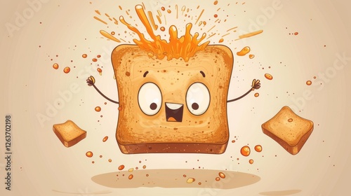 Obraz na płótnie Cheerful animated toast character with topping splashing playfully, creating a lighthearted and energetic atmosphere. Ideal for fun and food-related designs. AI generated. w salonie