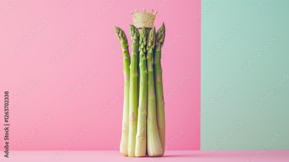 AI-generated conceptual image of fresh asparagus spears wearing a gold crown against a pastel backdrop, blending elegance and humor for creative projects. AI generated.