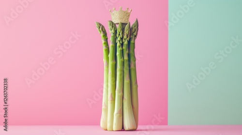 Obraz na płótnie AI-generated conceptual image of fresh asparagus spears wearing a gold crown against a pastel backdrop, blending elegance and humor for creative projects. AI generated. w salonie