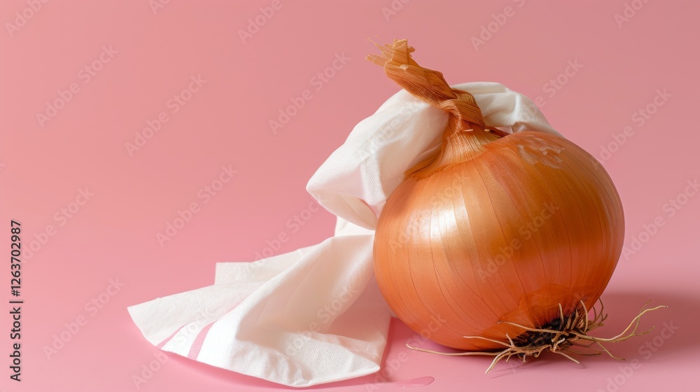 A realistic depiction of a golden onion resting on a pink background, draped with a white cloth, evoking simplicity and elegance. AI generated.