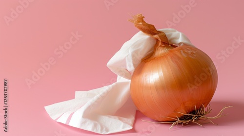 Obraz na płótnie A realistic depiction of a golden onion resting on a pink background, draped with a white cloth, evoking simplicity and elegance. AI generated. w salonie