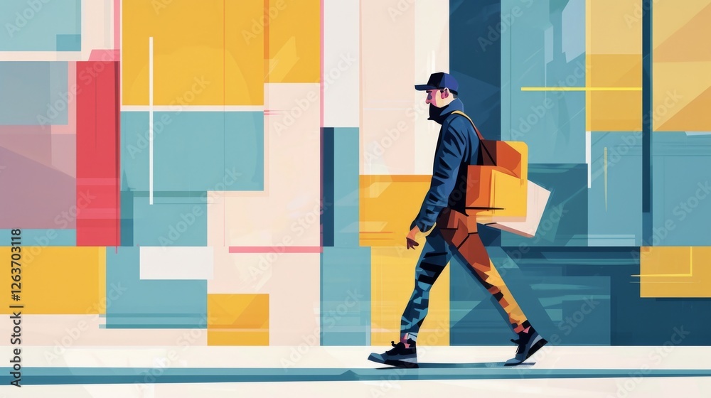 A courier with a backpack walks through an abstract cityscape of geometric patterns and vibrant colors, blending modernity and creativity. AI generated.