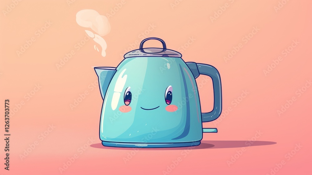 Cute blue teapot with cartoon-like facial features, cheerful expression, and steaming spout, on a pink pastel backdrop. A perfect mix of charm and functionality. AI generated.