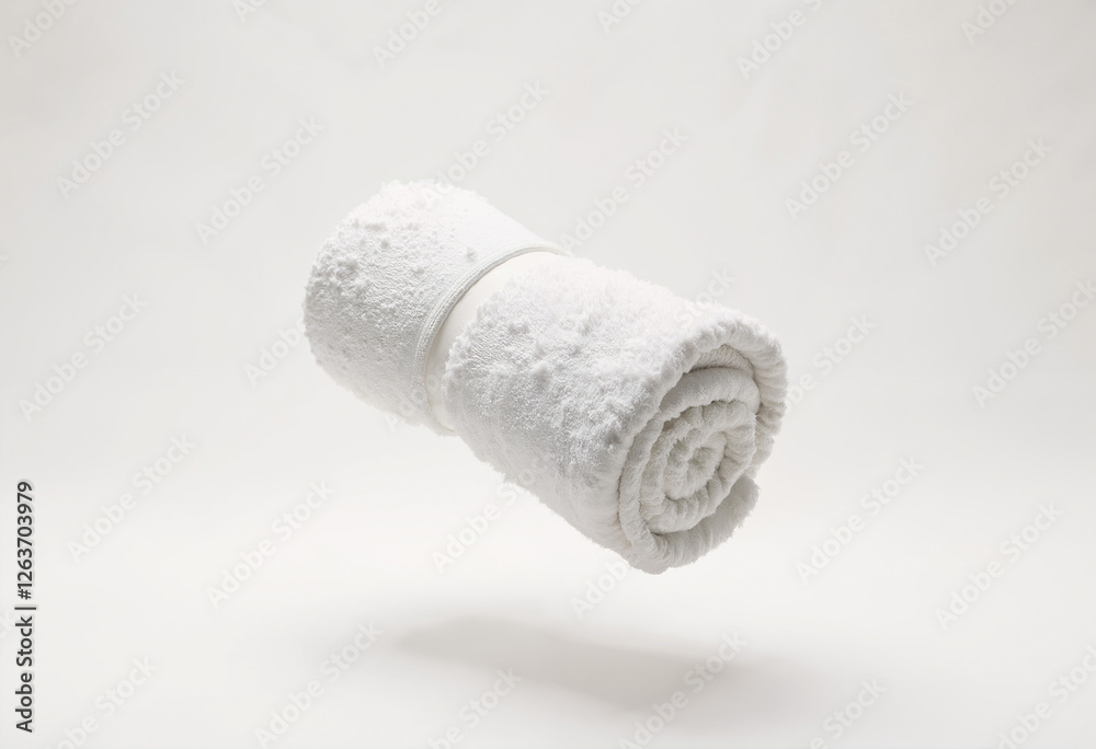 Rolled white towel floating against a clean white background Rolled white towel floating against a clean white background