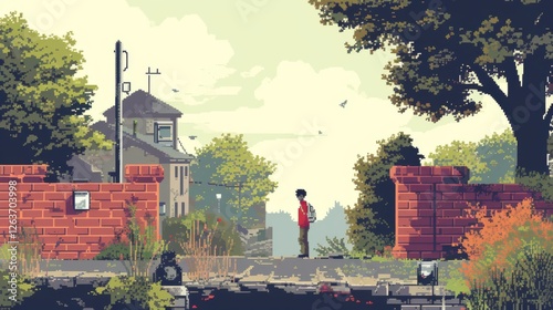 Vibrant pixel art showing a countryside scene with a solitary person near red brick walls, surrounded by greenery and a peaceful atmosphere. AI generated.