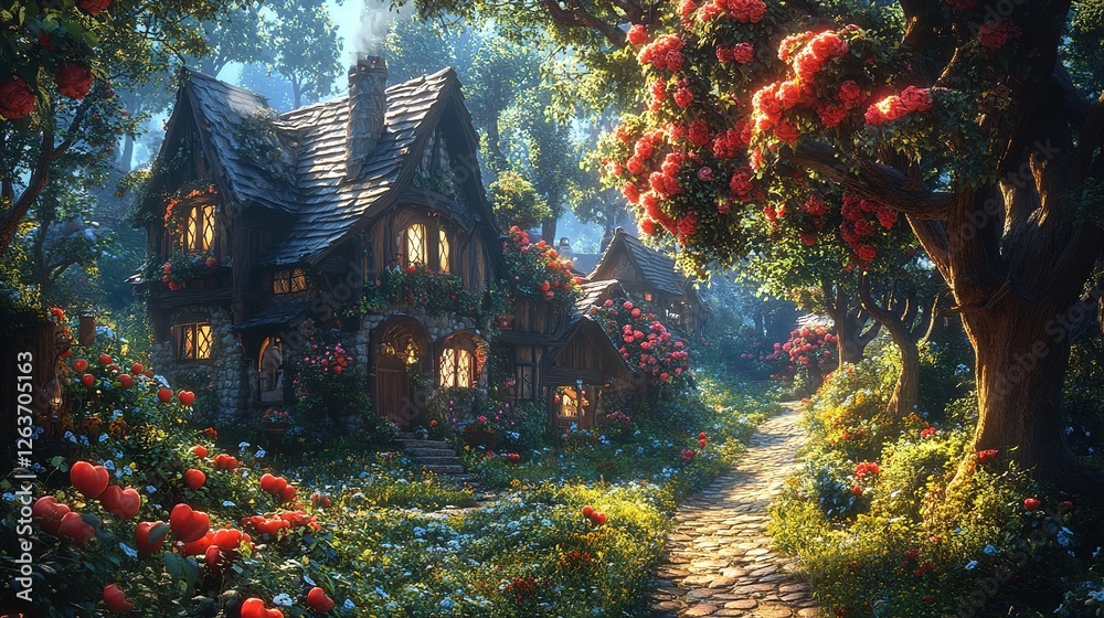 Fototapeta premium Charming cottage surrounded by blooming flowers in enchanting forest fantasy landscape daytime serene atmosphere