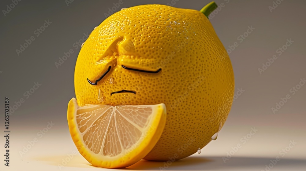 A realistic image of a lemon featuring a human-like sad expression, complete with teardrops and a lemon slice. Perfect for humorous or conceptual themes. AI generated.