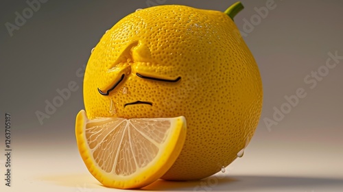 Obraz na płótnie A realistic image of a lemon featuring a human-like sad expression, complete with teardrops and a lemon slice. Perfect for humorous or conceptual themes. AI generated. w salonie