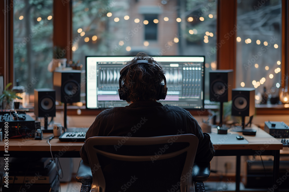 A moody, cinematic back-view portrait of a person sitting in a cozy home studio, wearing professional over-ear headphones while listening to music A moody, cinematic back-view portrait of a person sitting in a cozy home studio, wearing professional over-ear headphones while listening to music