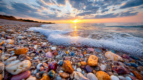 Seashells on beach at sunrise; calm ocean waves