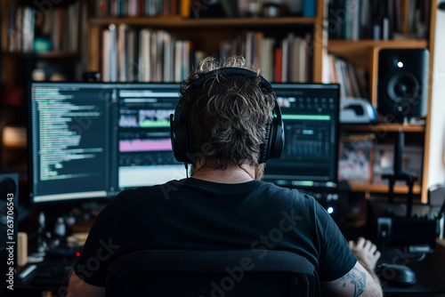 A moody, cinematic back-view portrait of a person sitting in a cozy home studio, wearing professional over-ear headphones while listening to music