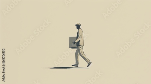 Obraz na płótnie A simple and stylized digital illustration of a delivery worker walking with a package, set against a neutral background, symbolizing logistics, shipping, and modern delivery services. AI generated. w salonie