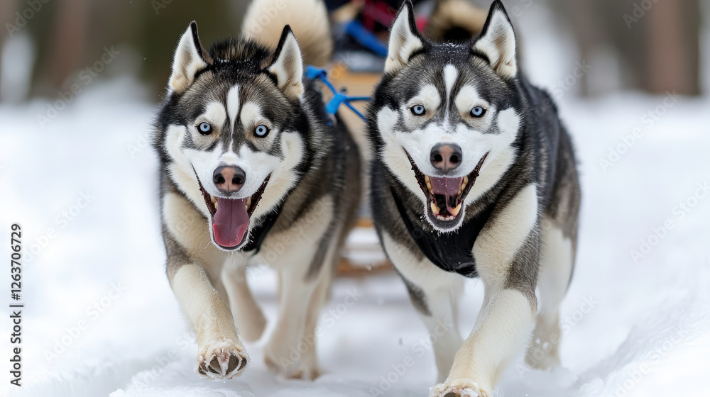 Two Energetic Siberian Huskies Pulling a Sled Through Snowy Landscape with Joyful Expressions and Bright Blue Eyes, in a Winter Wonderland Adventure Two Energetic Siberian Huskies Pulling a Sled Through Snowy Landscape with Joyful Expressions and Bright Blue Eyes, in a Winter Wonderland Adventure