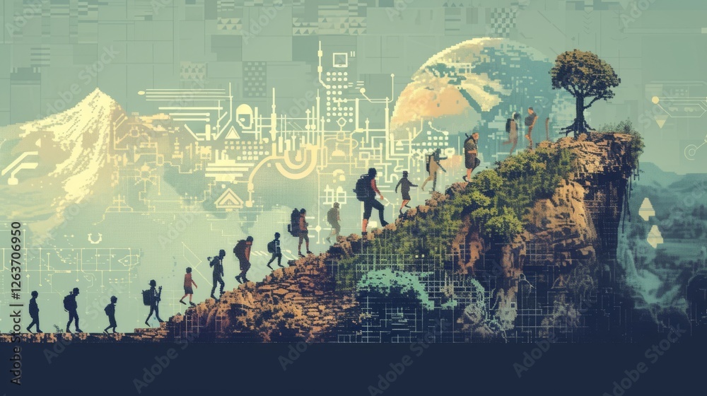 A surreal scene of hikers ascending a cliff adorned with digital overlays, merging nature and technology with a futuristic theme. AI generated.