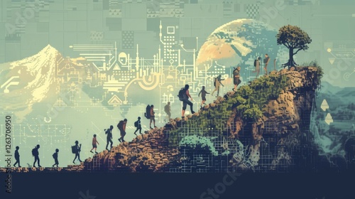 Obraz na płótnie A surreal scene of hikers ascending a cliff adorned with digital overlays, merging nature and technology with a futuristic theme. AI generated. w salonie