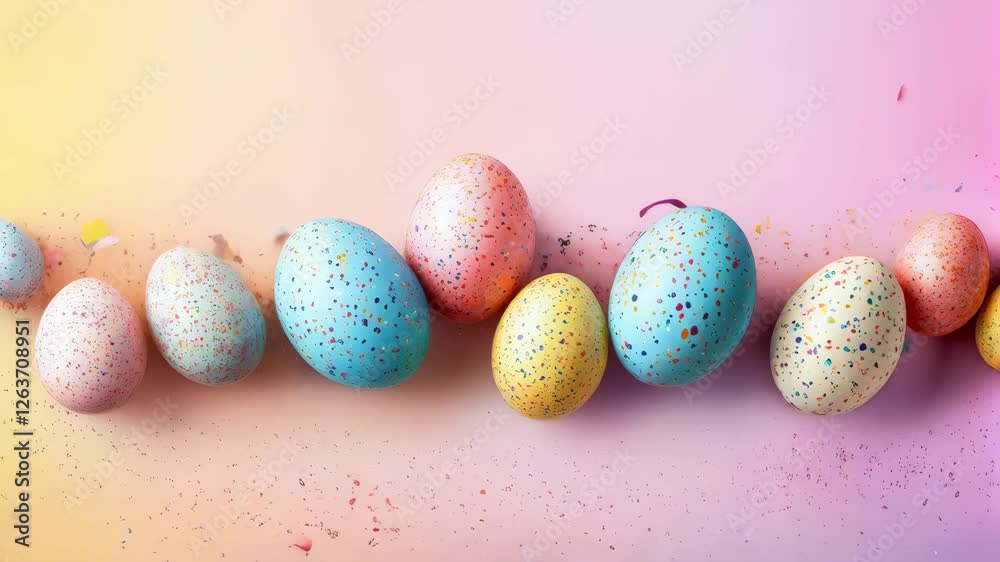 Vibrant candycoated easter eggs in colorful confetti explosion against pastel background