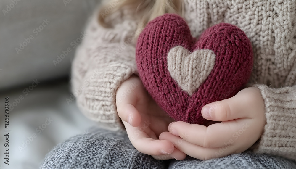 Red heart in child hands, hand made gift, valentine day and family love concept, close up, horizontal Red heart in child hands, hand made gift, valentine day and family love concept, close up, horizontal