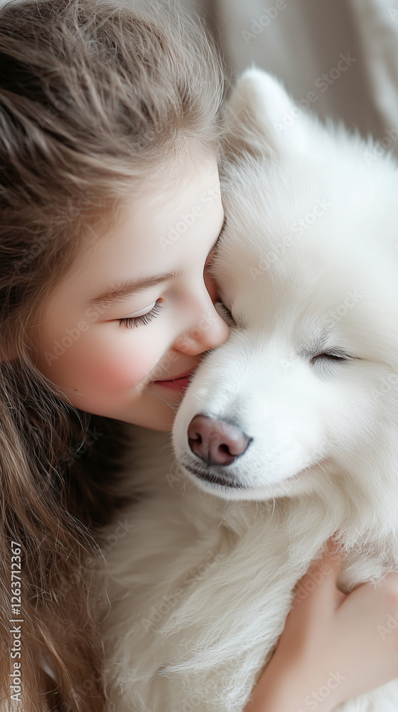 A heartwarming scene featuring a girl gently embracing a fluffy white dog, showcasing their close bond and affection. A heartwarming scene featuring a girl gently embracing a fluffy white dog, showcasing their close bond and affection.