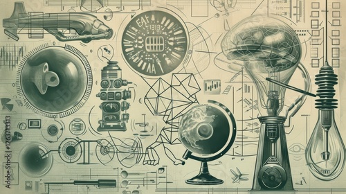 Intricate digital artwork depicting futuristic scientific concepts with mechanical diagrams, abstract shapes, and retro-futuristic elements. AI generated.