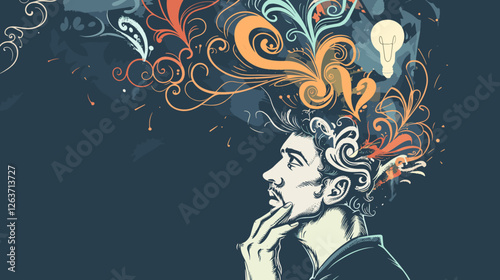 Creative Thinker with Flowing Ideas, Businessman Inspired by Imagination and Innovation, Concept of Creativity