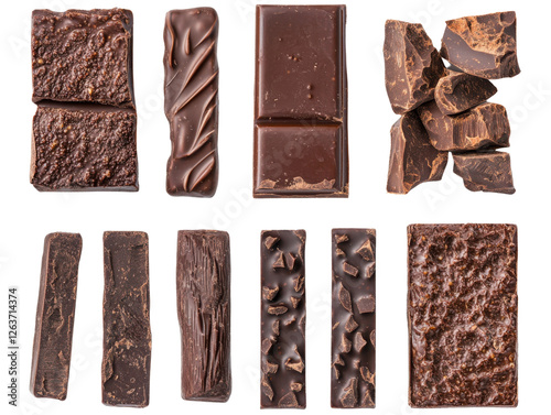 Assortment of delicious dark chocolate bars and chunks on a transparent background Concept of indulgence, sweets, dessert, and confectionery photo