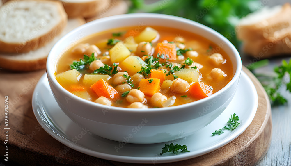 Homemade spicy vegetarian stew with chickpeas and vegetables on plate close up - healthy vegetarian food Homemade spicy vegetarian stew with chickpeas and vegetables on plate close up - healthy vegetarian food