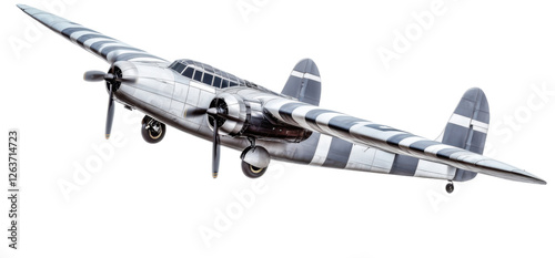 Vintage silver Lockheed Model 10 Electra airplane with striped wings on a transparent background Concept of aviation history, classic aircraft, and retro transportation