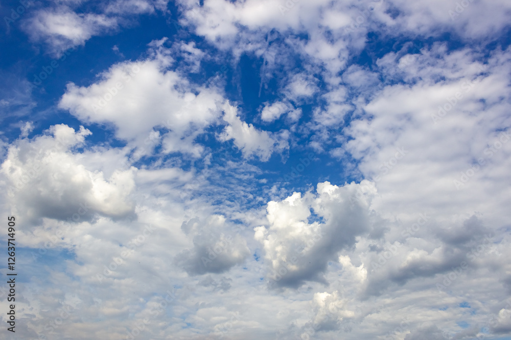 Fototapeta premium Blue sky background with white clouds. Cumulus clouds in the blue sky.