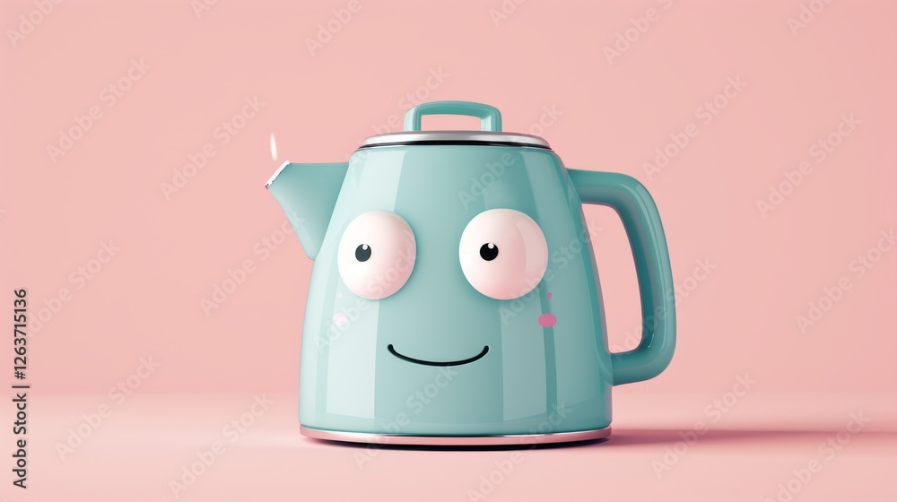 Obraz premium A charming blue kettle with cartoon-like facial features, set against a pastel pink background, exuding a whimsical and playful vibe. AI generated.