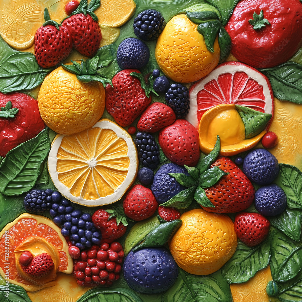 Obraz premium A colorful painting of fruits and vegetables, including oranges, strawberries, and blueberries. The painting is vibrant and lively, with a sense of freshness and abundance