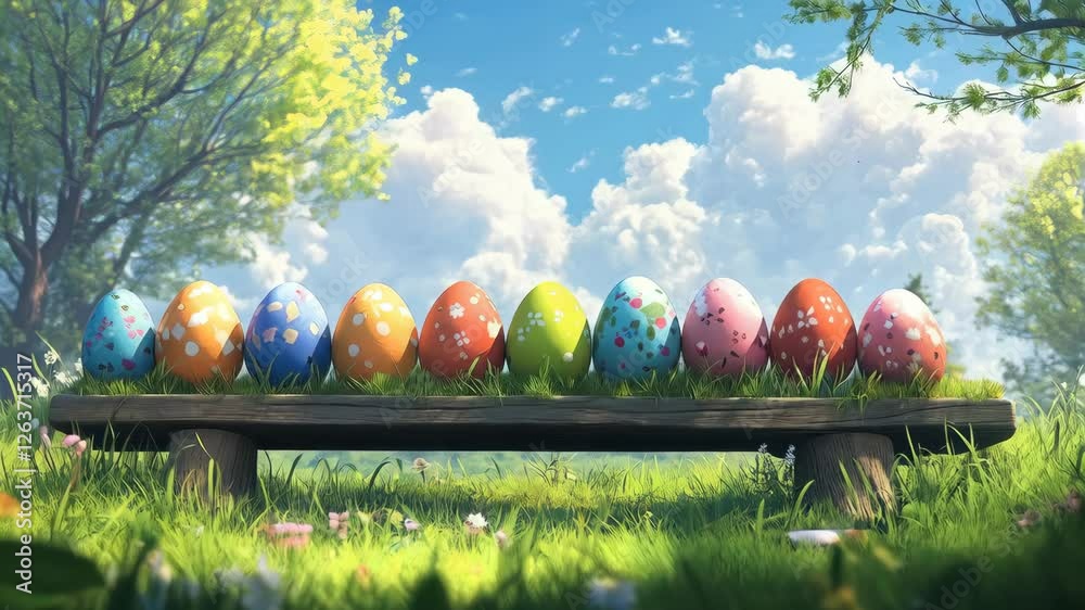 Vibrant easter eggs on wooden bench amidst lush greenery under a sunny sky