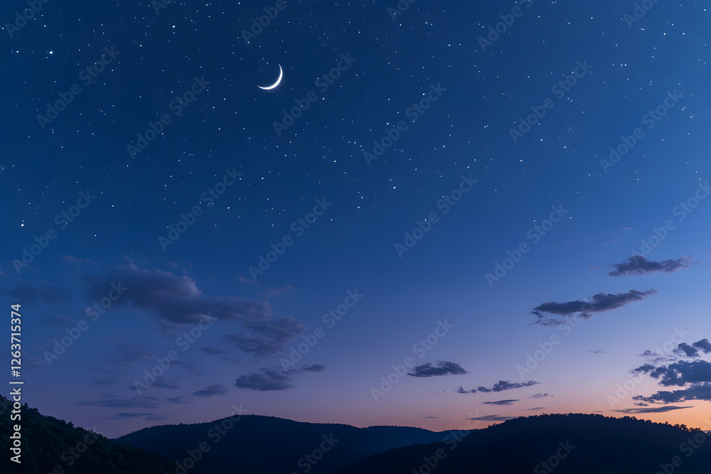 Tranquil Nocturnal Skies: A Celestial Symphony in Indigo and Silver Hues Illuminated by the Crescent Moon Tranquil Nocturnal Skies: A Celestial Symphony in Indigo and Silver Hues Illuminated by the Crescent Moon