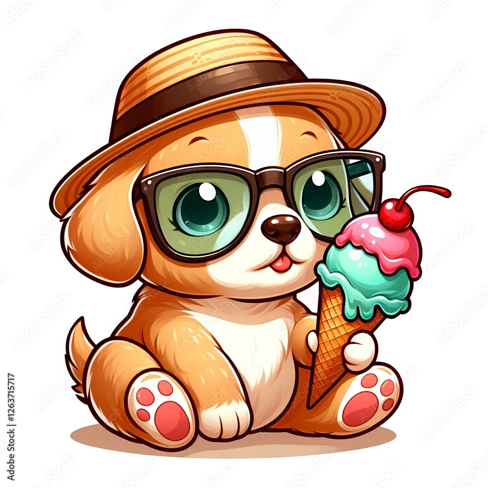 Naklejka premium Puppy with glasses and hat holding ice cream, print