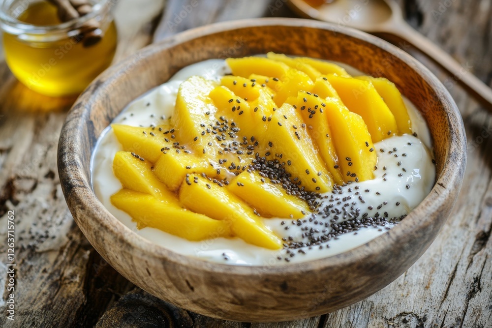 Rich Greek yogurt forms the base of this bowl, topped with vibrant mango slices and a sprinkling of chia seeds. The rustic setting enhances the food's colors and textures beautifully Rich Greek yogurt forms the base of this bowl, topped with vibrant mango slices and a sprinkling of chia seeds. The rustic setting enhances the food's colors and textures beautifully