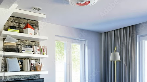 Modern living room with motionactivated smoke detector in action photo