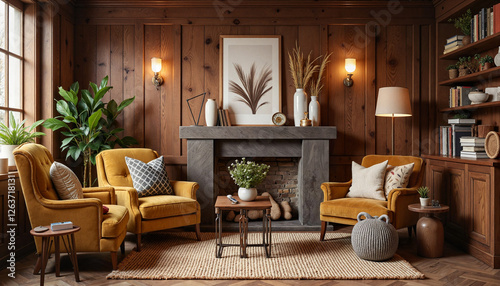 Elegant vintage living room with timber decor, timeless ambiance