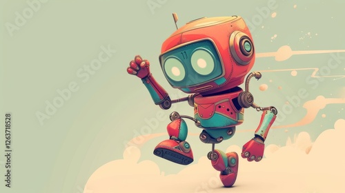 A vibrant, retro-inspired robot character in motion, showcasing playful design and intricate mechanical details. Perfect for futuristic, tech, and entertainment themes. AI generated.
