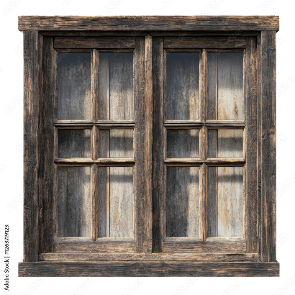 Rustic wooden window frame with eight panes on transparent background, showcasing vintage architecture and farmhouse design element Rustic wooden window frame with eight panes on transparent background, showcasing vintage architecture and farmhouse design element