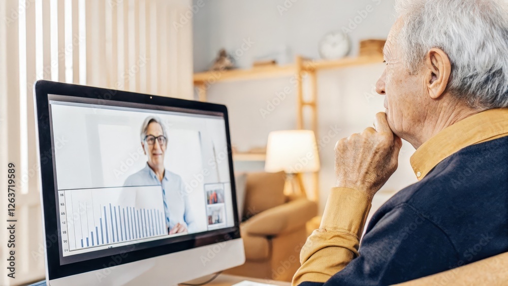 An elderly man thoughtfully tapping his chin engaged in a video chat with a nutritionist about the latest research on antiaging with charts and graphs displayed on his monitor. An elderly man thoughtfully tapping his chin engaged in a video chat with a nutritionist about the latest research on antiaging with charts and graphs displayed on his monitor.