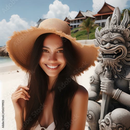 女 女性 大洋 ビーチ 海 帽子 ハット photo