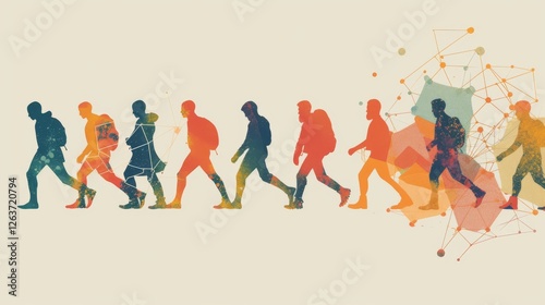 Illustration of human silhouettes walking through evolution stages, adorned with bright colors and abstract geometric connections, merging art and science. AI generated.