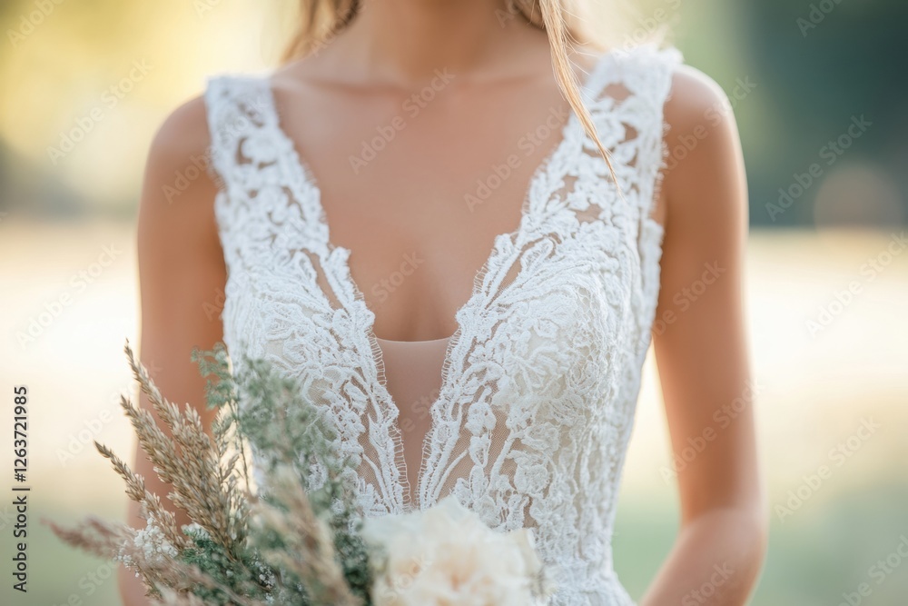 Close up view of intricate lace details on a stunning white wedding dress with blank area for text. Generative AI Close up view of intricate lace details on a stunning white wedding dress with blank area for text. Generative AI