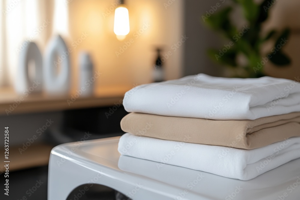 An aesthetically pleasing stack of neatly folded towels in a contemporary environment enhances the sense of order and cleanliness, representing comfort and immaculate living. An aesthetically pleasing stack of neatly folded towels in a contemporary environment enhances the sense of order and cleanliness, representing comfort and immaculate living.